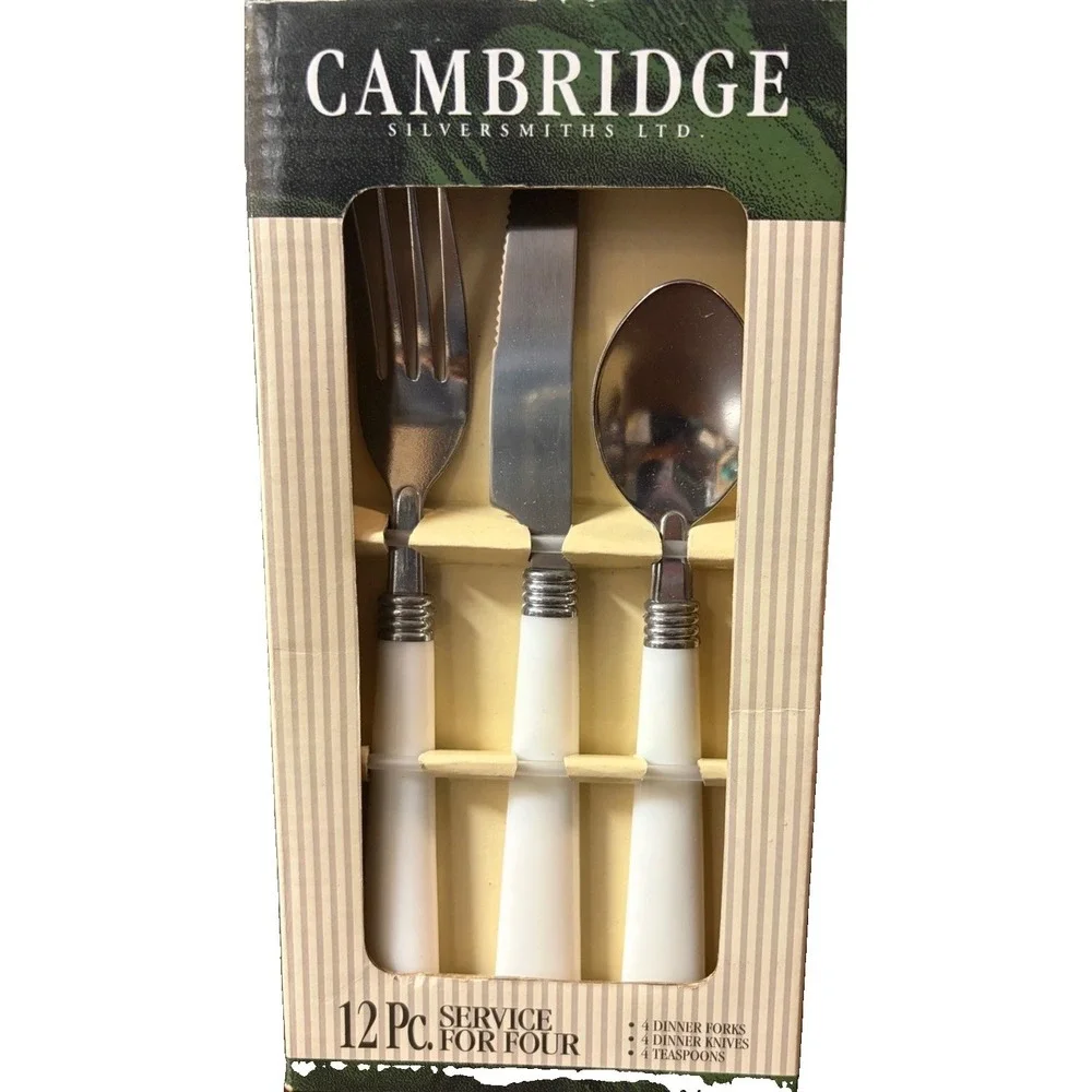 Cambridge Silversmiths 12 Pc Flatware Set White Handles Service 4 New Old Stock